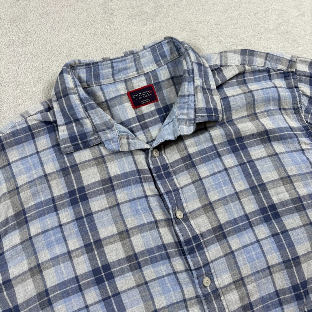 Untuckit Benjamin Shirt Mens 3XL Blue Gray Plaid Cotton Short‎ Sleeve Button Up